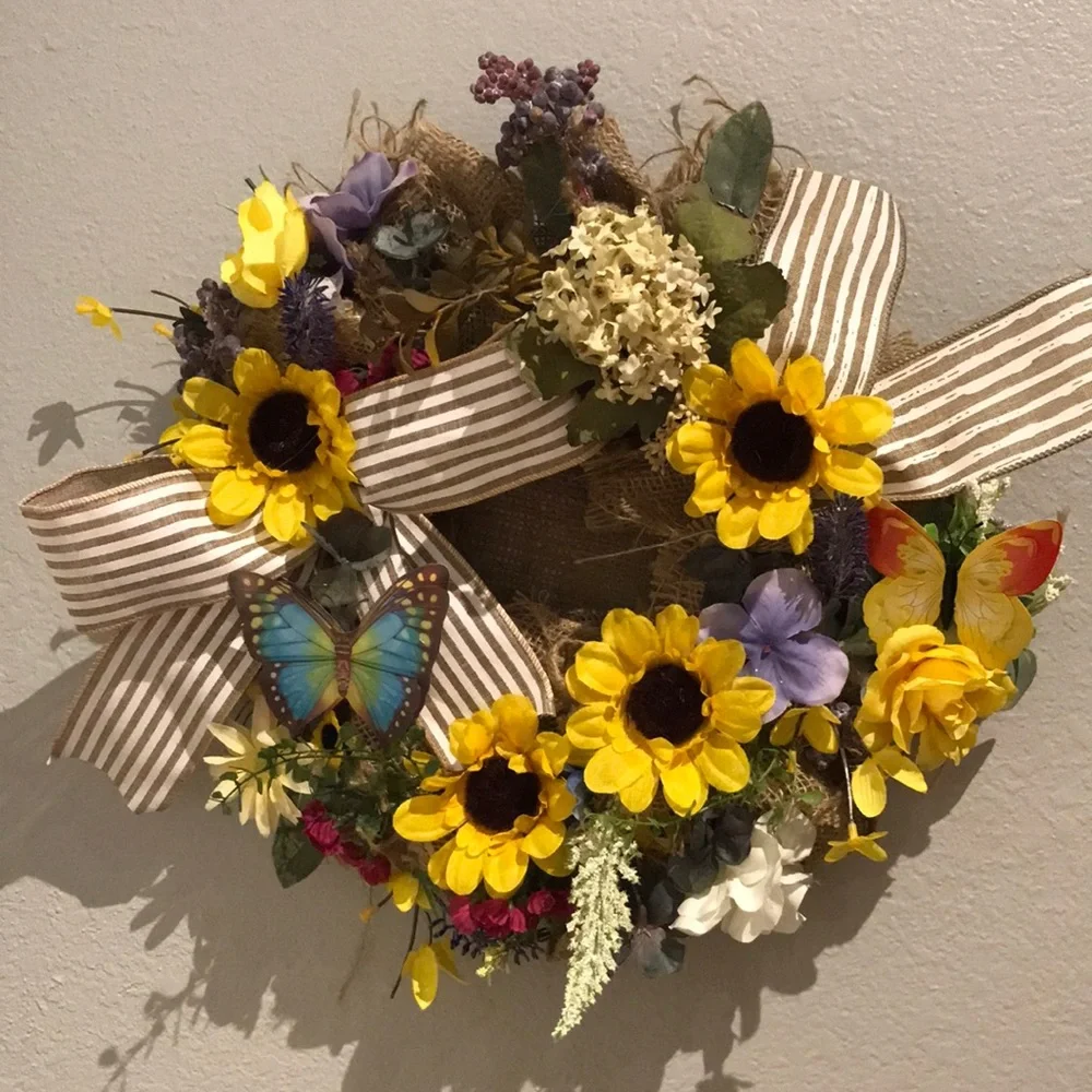 Autumn Sunflower Wreath Adorable 2 Small Butterflies Small Sized FINAL SALE